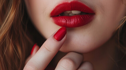 Naklejka premium Young woman with painted lips and red manicure