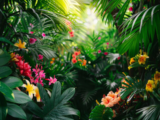 Lush tropical jungle scene with vibrant exotic plants and sunlight