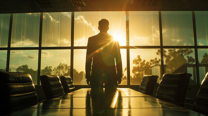 Boardroom Leadership. This image captures a confident leader standing at the head of a boardroom table, backlit by a golden sunset, symbolizing vision and authority in corporate leadership.