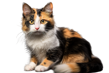 A Calico Cat Posing for a Portrait in a Studio. on a White or Clear Surface PNG Transparent Background.