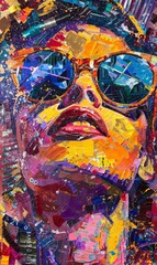 A vibrant, mosaic-style portrait of a person with sunglasses
