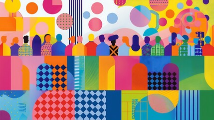 Colorful abstract art with geometric shapes and a crowd of people.