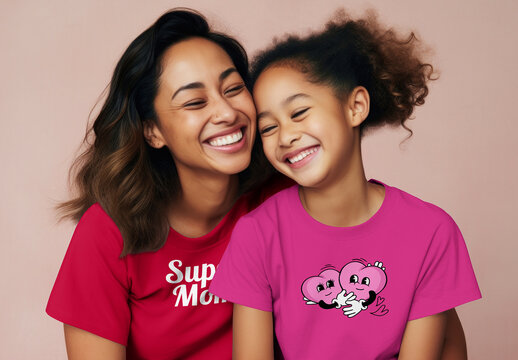 Mom And Daughter Wearing Tshirts Mockup With Generative AI