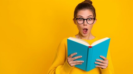 A young woman is reading a book with a surprised expression on her face. The book is blue and the woman is wearing a yellow sweater
