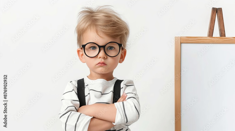 Wall mural A young boy wearing glasses and a striped shirt is standing with his arms crossed. He looks unhappy and is staring at the camera