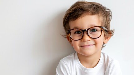 A young boy wearing glasses is smiling and looking at the camera. Concept of innocence and curiosity, as the child appears to be enjoying the moment and posing for the camera