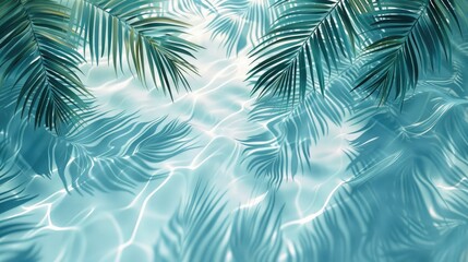 3D rendering of palm leaves shadow on the water surface in a swimming pool with a light blue background
