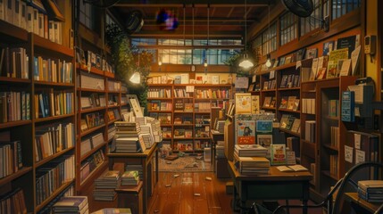 Obraz premium An intimate anime-style bookstore with warm lighting and rows of books, capturing a relaxed, lo-fi aesthetic, a copy space