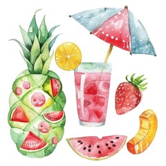 Naklejka premium Fresh Summer Fruits and Refreshing Drinks with Watercolor Illustrations