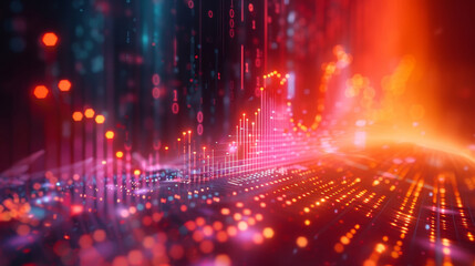 Obraz premium Digital abstract 3D representation of financial data with glowing graphs and binary code