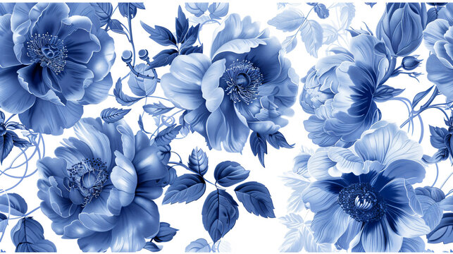 Blue and white floral pattern with roses, peonies, anemones and leaves on vintage background. Vintage style wallpaper for wall or textile design.


