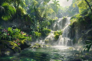 Tranquil waterfall in a lush tropical forest with clear cascading water