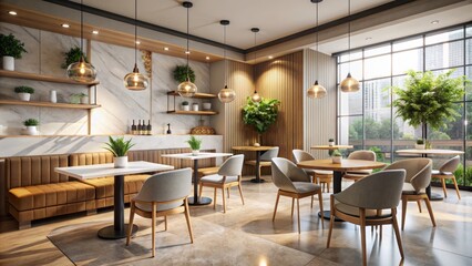 A Warm And Inviting Cafe With A Modern, Minimalist Design. Perfect For A Relaxing Cup Of Coffee Or A Light Lunch.