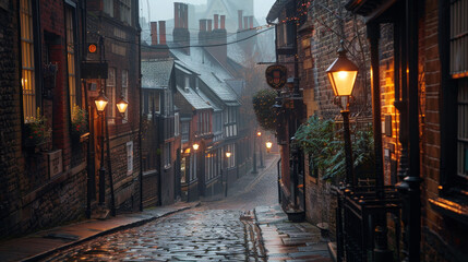Fototapeta premium Victorian street scene with gas lamps and cobblestone at dusk