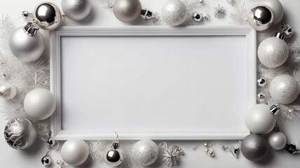 Elegant white blank frame with festive white and silver ornaments, pure white Christmas celebration...