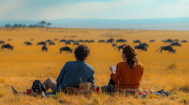 A telephoto angle photo of travelers enjoying a picnic on the savanna, with a panoramic view of wildebeest migrating in the background, environmental scientists, engineers, activis