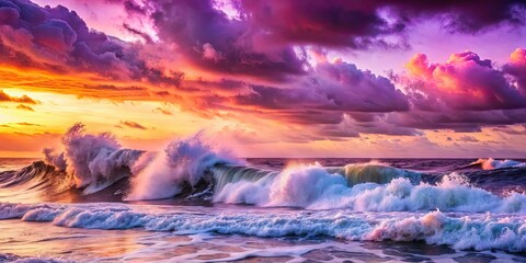 Naklejka premium Powerful waves crashing under a purple and pink sunset sky , ocean, waves, dramatic, sunset, sky, purple, pink, powerful, nature