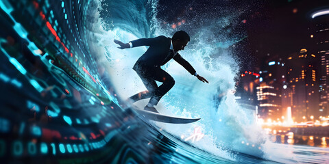 business man play surf elliott wave technical graph for stock market indicator