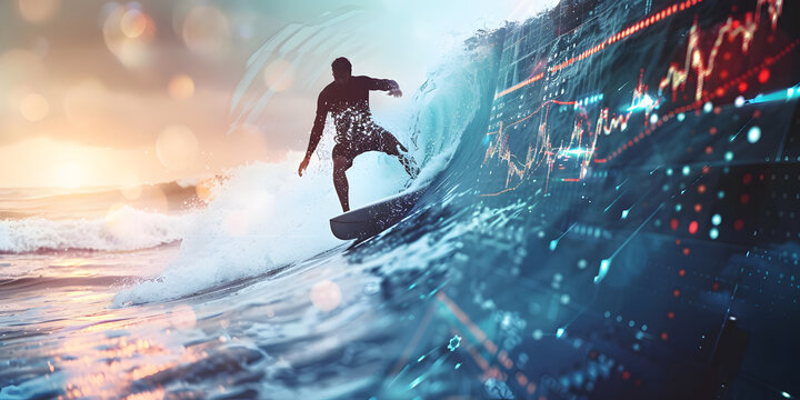 business man play surf elliott wave technical graph for stock market indicator