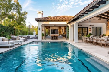 Luxurious backyard oasis furniture architecture building.