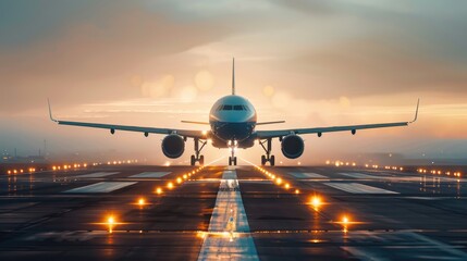 Ready for departure, Airplane prepares for takeoff on airport runway, front view, horizontal wallpaper