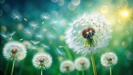 Obraz premium Beautiful dandelion wallpaper with soft and fluffy dandelion seeds floating in the air, floral, nature, plant, spring, bloom