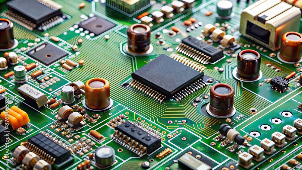 Poster Electronic circuit board with various components such as resistors, capacitors, and microchips, technology