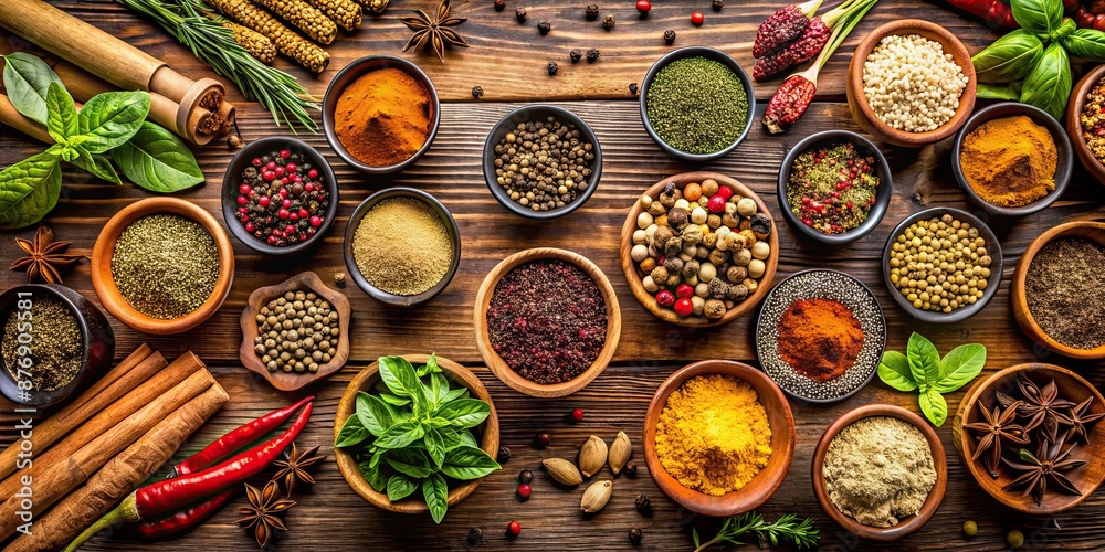 Sticker An assortment of various herbs and spices arranged beautifully on a wooden table , culinary, seasoning, flavor, cooking