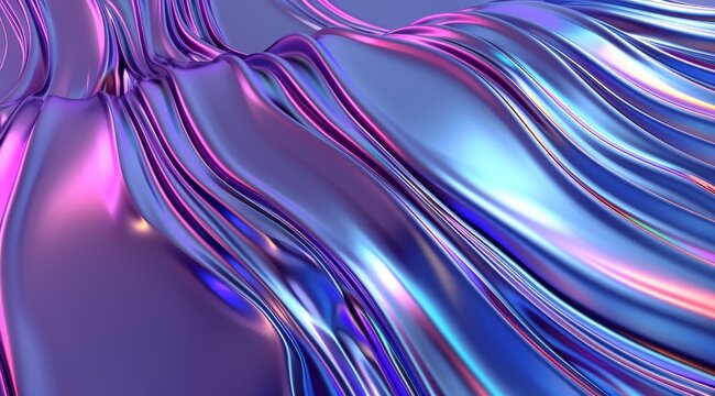 3d render of abstract glass background with wavy colorful shapes on purple and blue gradient. Shiny metallic texture, flowing lines and waves for design element