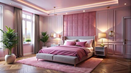 Plush pink bedroom with ambient lighting and stylish decor, modern, chic, elegance, bedroom, plush, pink