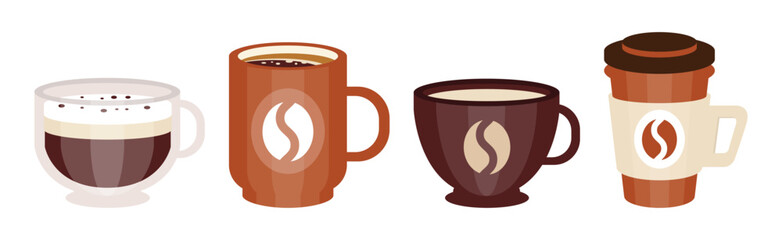 Aromatic Coffee Drink Type Poured in Cup Vector Set