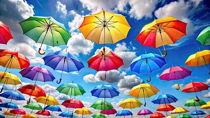 Colorful umbrellas floating in the blue sky, umbrella, colorful, sky, floating, bright, colorful, summertime, weather, protection