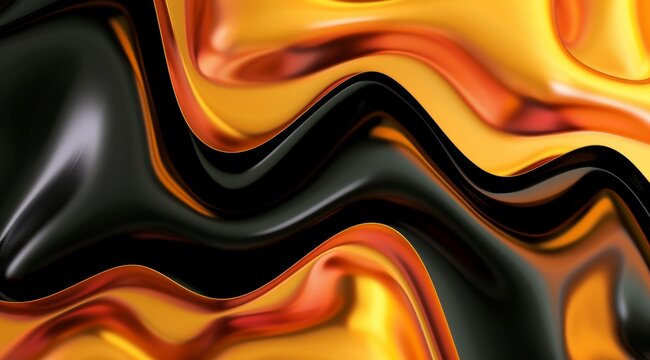 3d render of abstract glass metal background with wavy colorful shapes on orange and black gradient. Shiny metallic texture, flowing lines and waves for design element