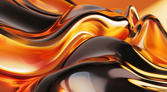 3d render of abstract glass metal background with wavy colorful shapes on orange and black gradient. Shiny metallic texture, flowing lines and waves for design element