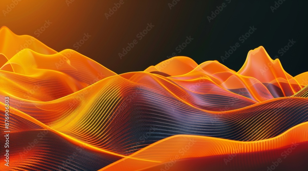 Poster 3d render of abstract background with wavy colorful digital network radio waves shapes on orange and