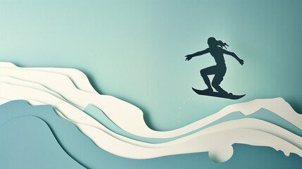 Fototapeta premium Dynamic Paper Cut Surfskater Illustration with Copy Space - Minimalistic Design of Skater Performing Trick on Wave, Surfboard, Surfing Sport Concept