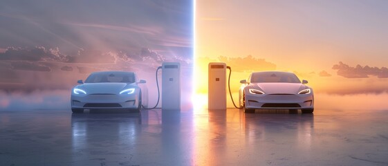 Dual electric cars charging at sunrise and sunset, symbolizing clean energy transition and futuristic automotive technology.
