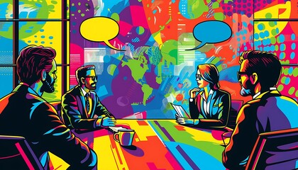 A group of people in a meeting with colorful abstract background.