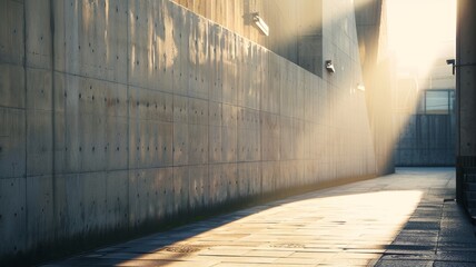 Modern minimalistic concrete wall with sun rays shining on it, in the foreground is an empty space. Wall and Floor A minimalistic scene with a concrete wall and floor, space for product copyspace
