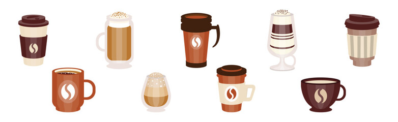 Aromatic Coffee Drink Type Poured in Cup Vector Set