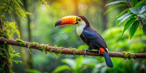 Obraz premium Toucan resting on a branch in the lush Costa Rican forest, surrounded by green vegetation , Wildlife, bird, tropical
