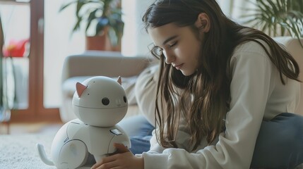 Robotic Pet Companion Interacting with Young Owner in Cozy Home Environment