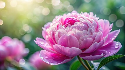 Close-Up of dew-kissed pink peony with blurred background, pink, peony, flower, close-up, dew, water droplets, nature, beauty