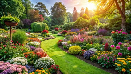 Obraz premium Beautiful garden with blooming flowers and lush greenery, spring, summer, garden, flowers, blooming, nature, sunny, outdoors