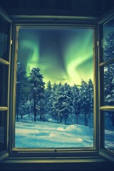 A stunning view of the northern lights dancing in a winter forest from the comfort of your home window.
