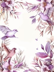 Fototapeta premium A serene and elegant memorial invitation card design with a frame illustration decorated with watercolor flowers and doves on a pristine white background.