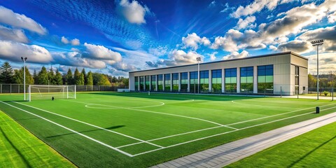 State-of-the-Art Soccer Training Facility with modern equipment and green turf under a sunny sky, soccer