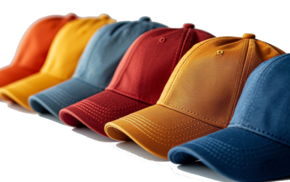 Collection of 6 caps, arranged in a row, white background 