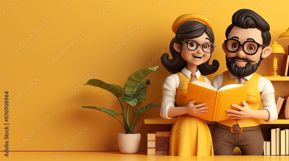 Poster 3d character grandparent showing a grandchild how to use a tablet Stock Photo with copy space
