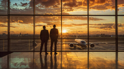 Dos hermanos se unen en el aeropuerto mientras observan el avion